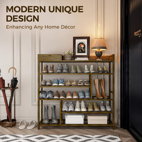 Bamworld bamboo shelves with varying heights for organized footwear.