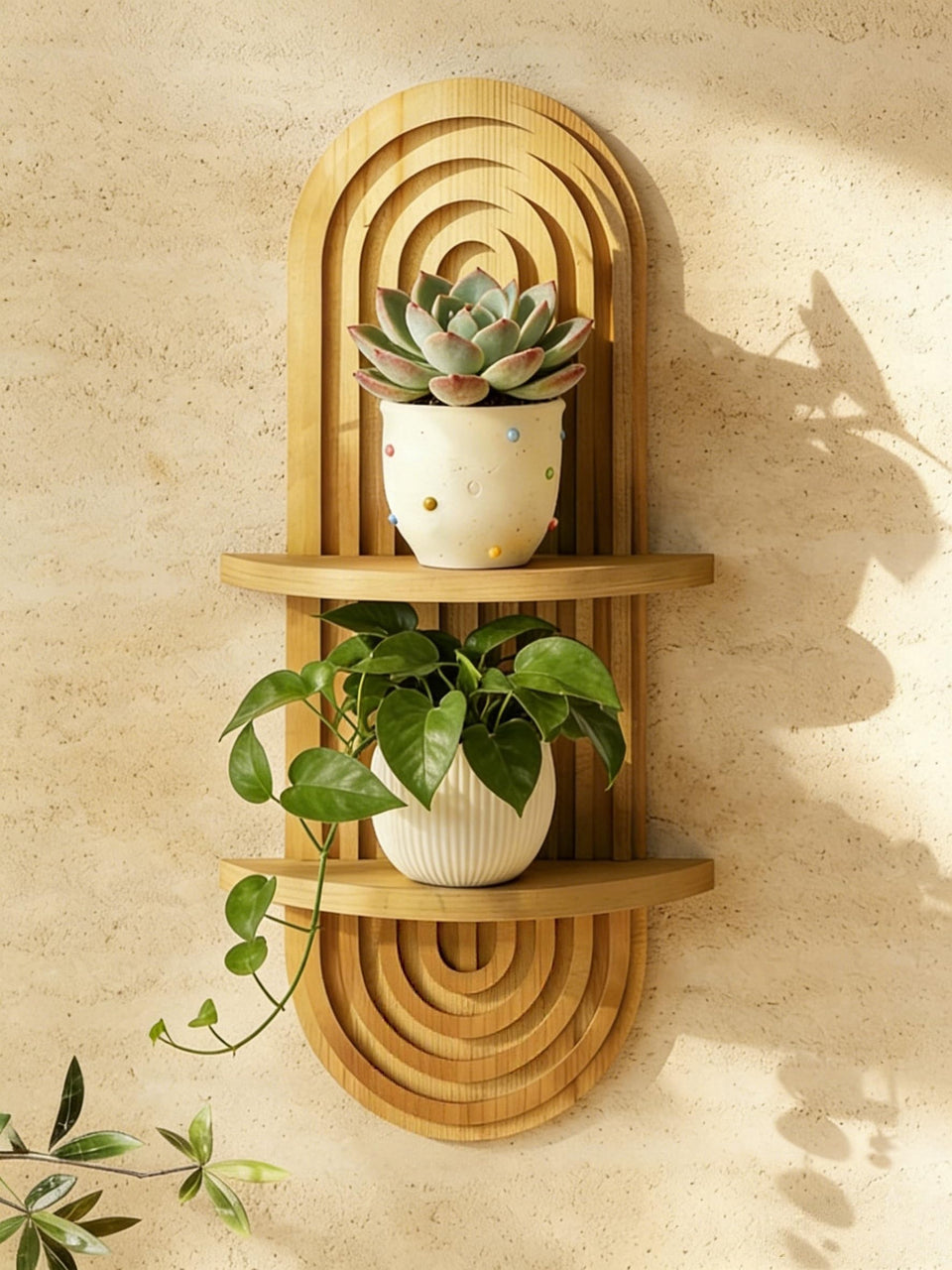 Bamworld boho wall decor plant wall shelf 2-tier displaying greenery and storage