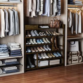 Bamworld dark brown finish complements entryways while keeping footwear organized.