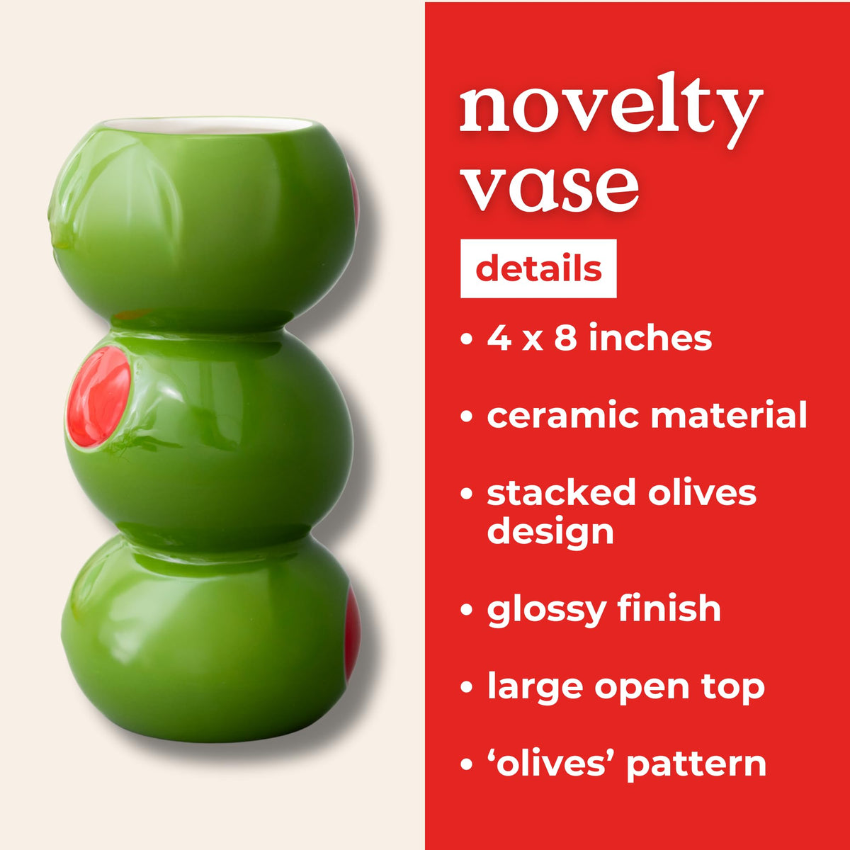 Ban.do Vintage-style Ceramic Vase; stacked olive enhances retro-inspired countertops.