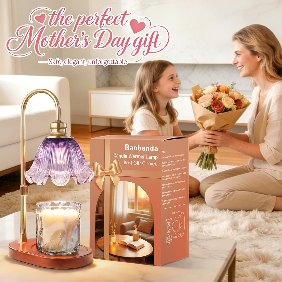 Banbanda Candle Warmer Lamp timer settings show 2/4/8 hours for worry-free use.