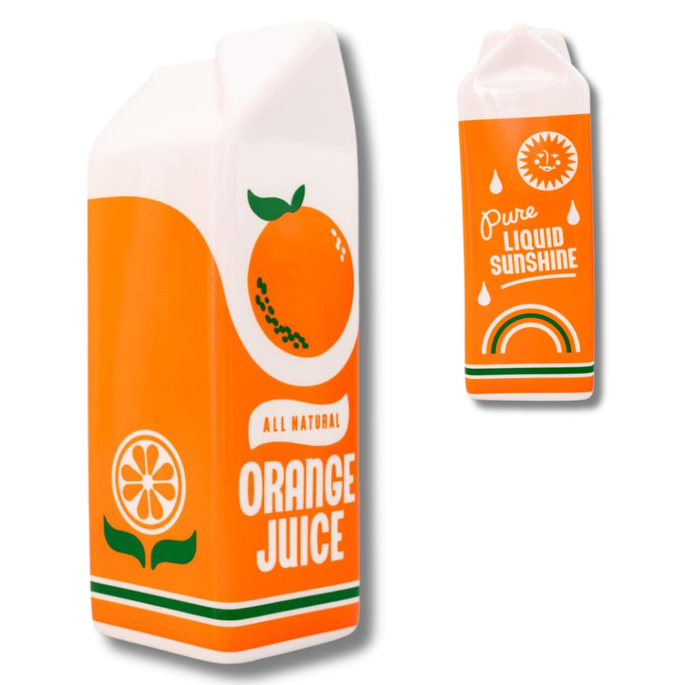 ban.do orange juice vase carton-front, sunny retro decor brightening kitchen shelves