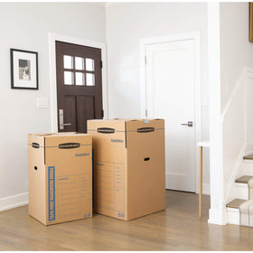 Bankers Box Short Wardrobe Box 20-inch bar accommodates long garments.