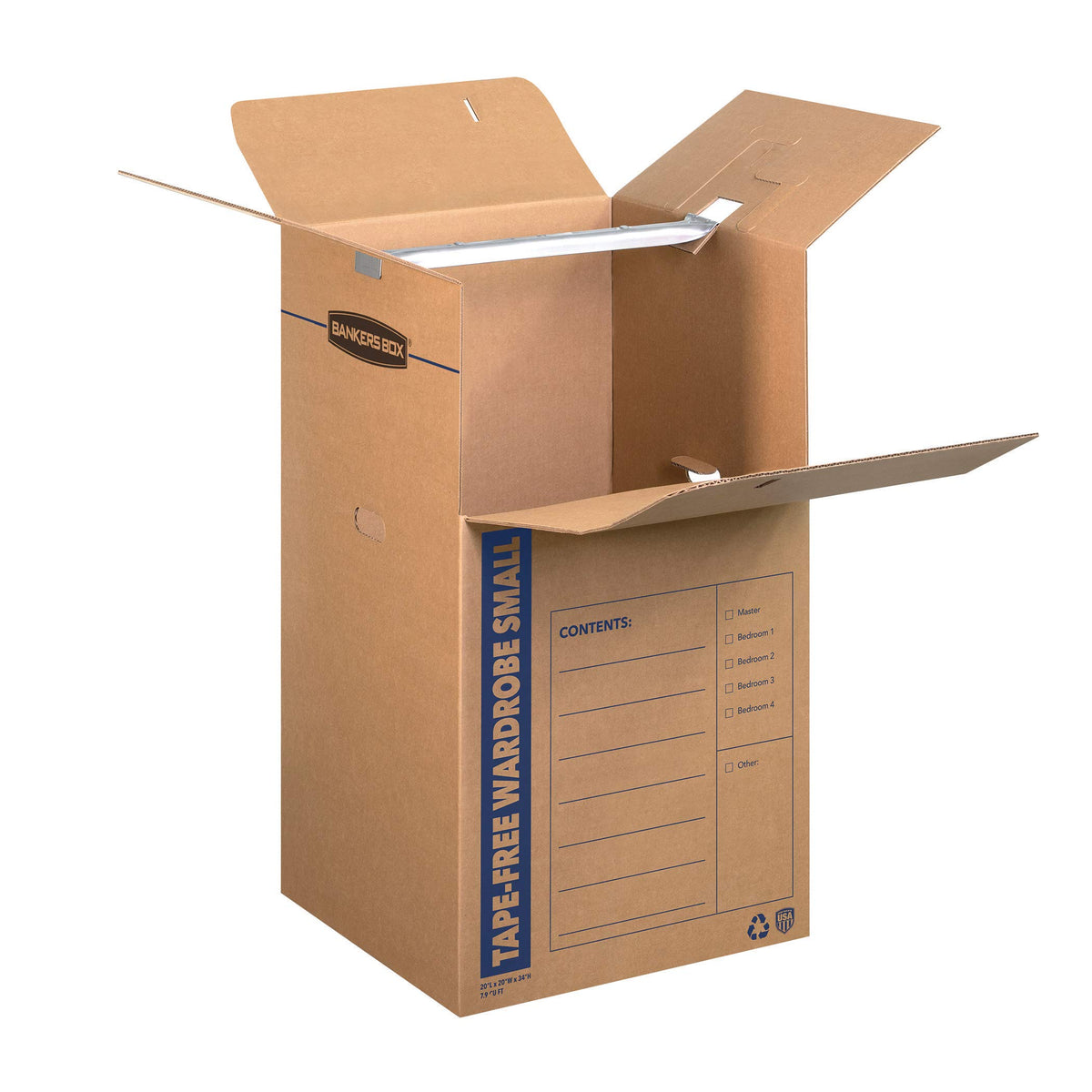 Bankers Box Short Wardrobe Box shows tape-free setup for fast packing.