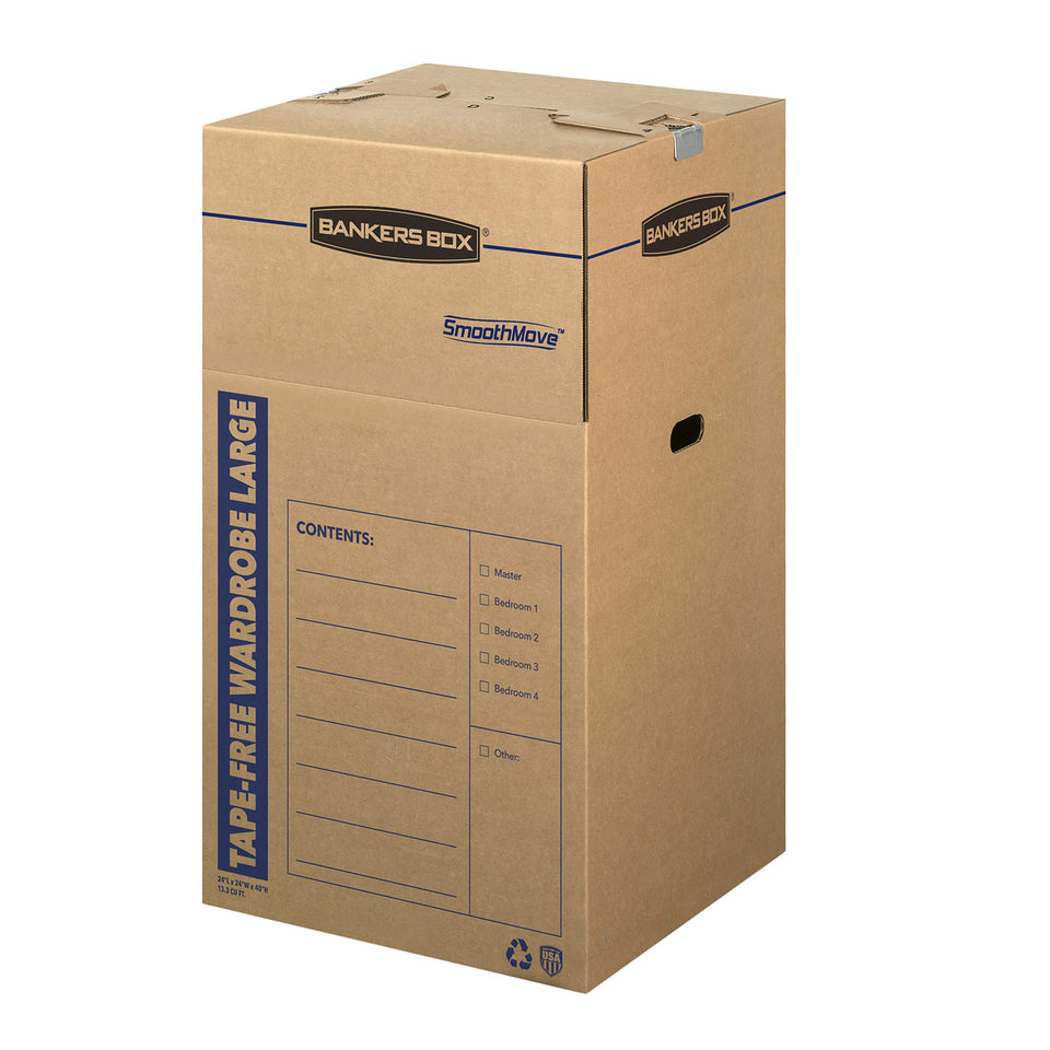 Bankers Box tall wardrobe box assembly with locking tab for quick setup.