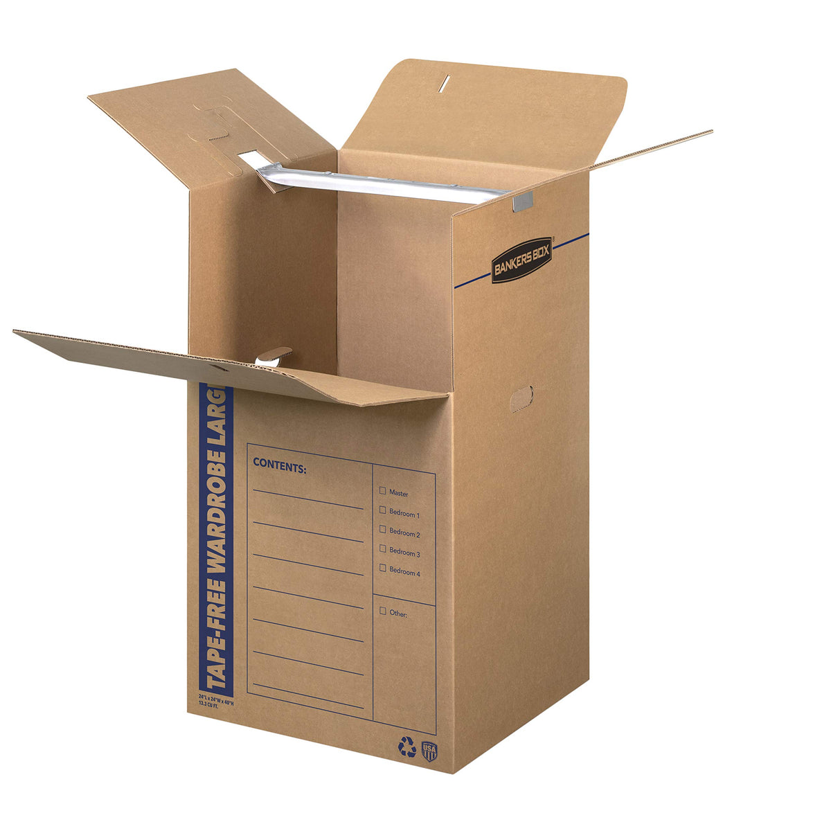 Bankers Box tall wardrobe box hanging bar in use for organized clothing.