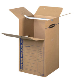 Bankers Box tall wardrobe box hanging bar in use for organized clothing.