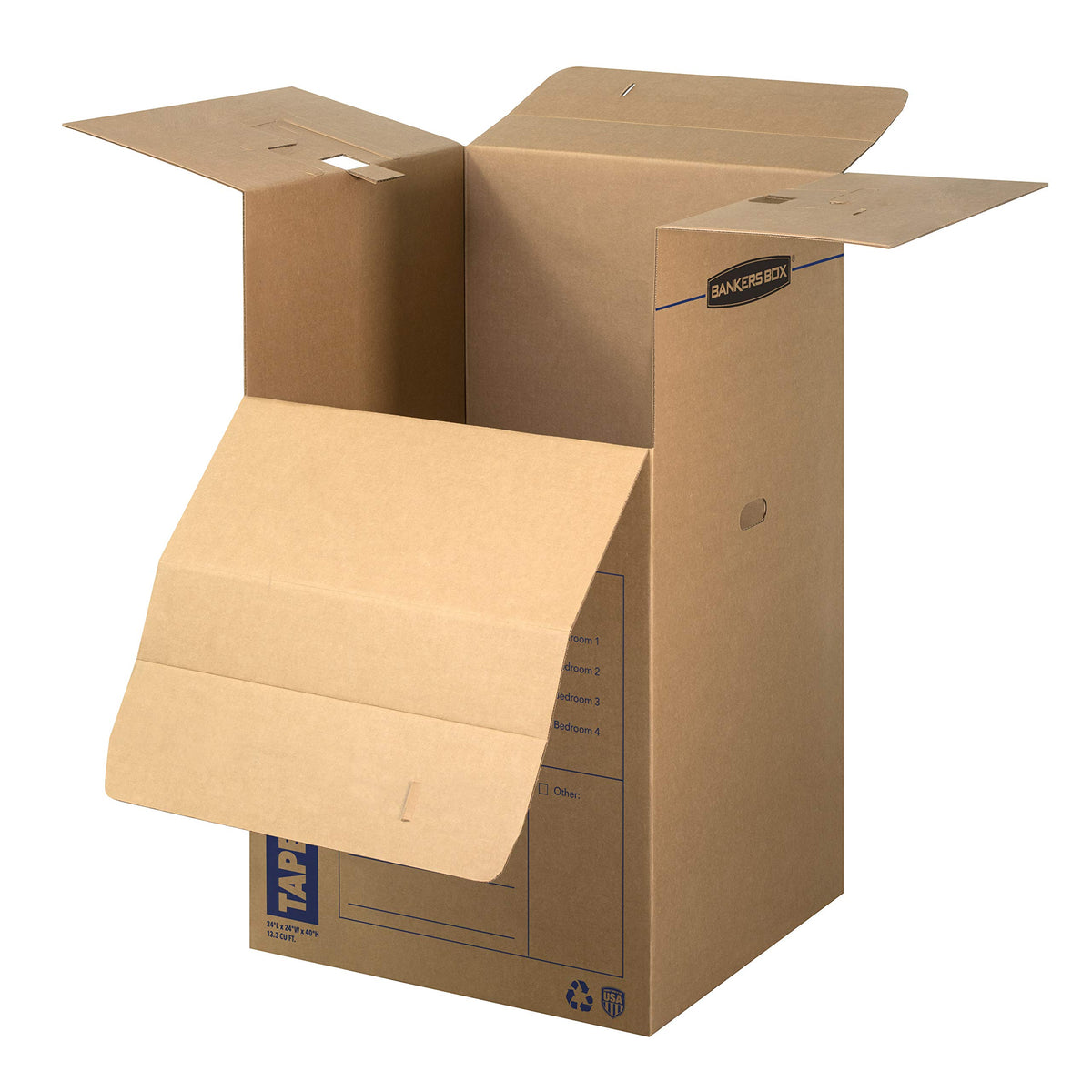 Bankers Box tall wardrobe box tape-free design highlights easy, clean setup.