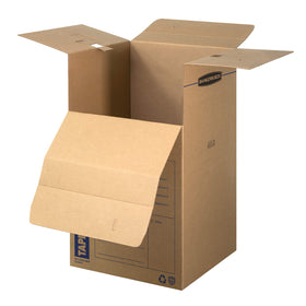 Bankers Box tall wardrobe box tape-free design highlights easy, clean setup.