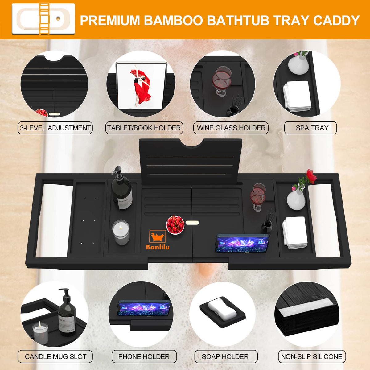 Banlilu bamboo bath tray with waterproof coating for durable, spa-like baths.