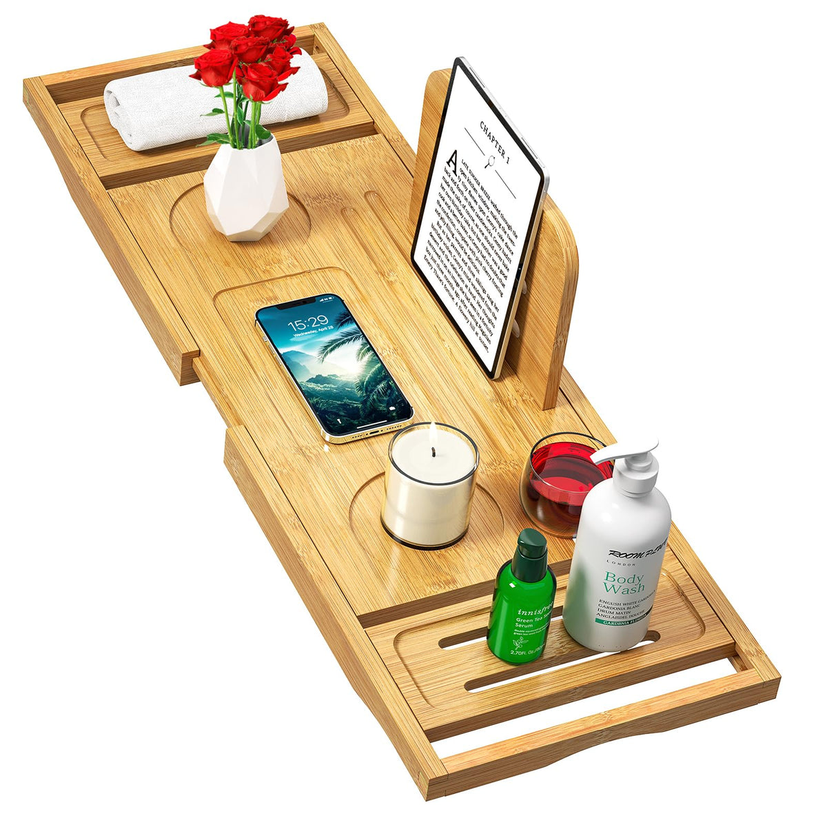 Banlilu bathtub tray expands to fit most tubs securely