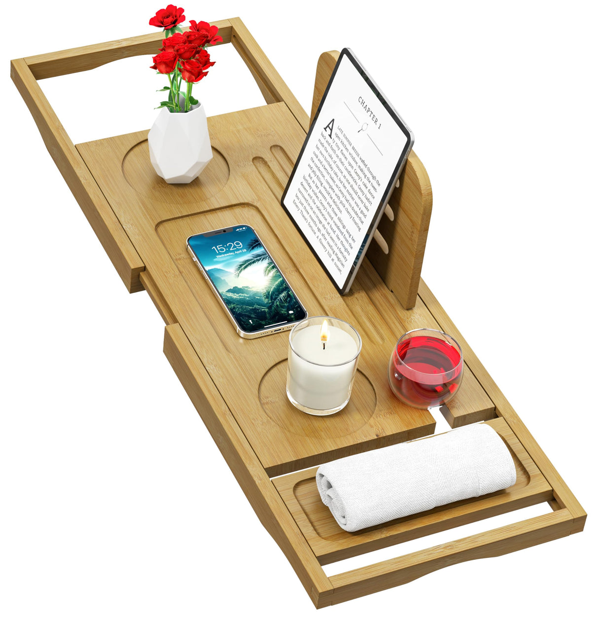 Banlilu bathtub tray expands from 27.5 to 35.4 inches for a snug fit