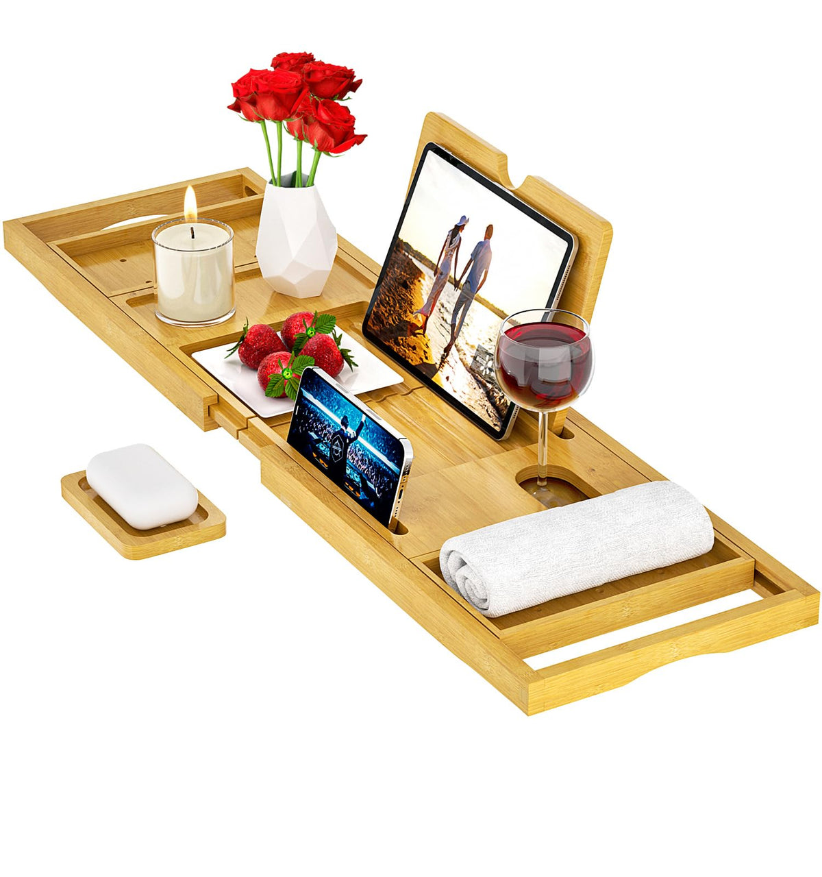 Banlilu bathtub tray extended to fit larger tubs with secure non-slip grips.