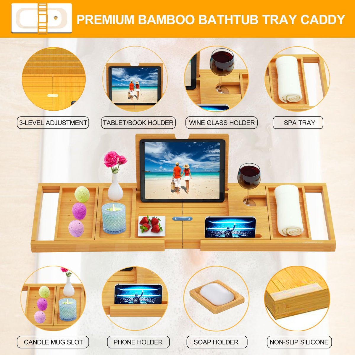 Banlilu bathtub tray showing non-slip silicone grips keeping items in place.
