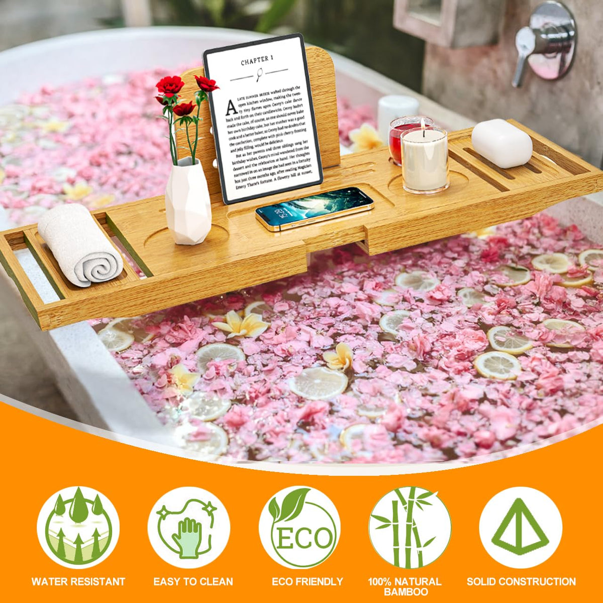Banlilu expandable bamboo bath table for versatile tub widths