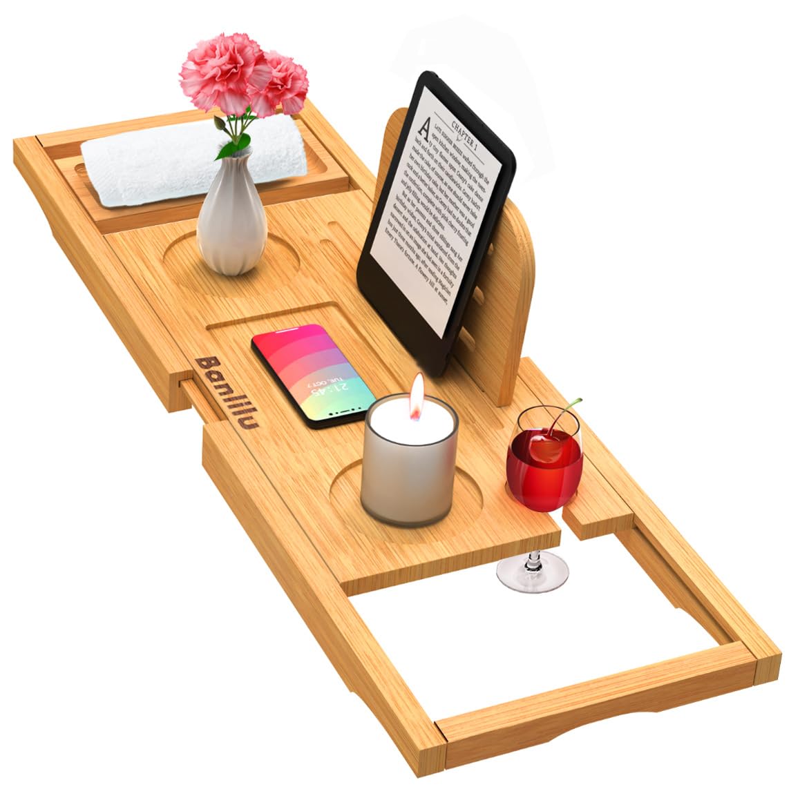 Banlilu expandable bamboo bath tray, adjustable length for most tubs and spa-like setup