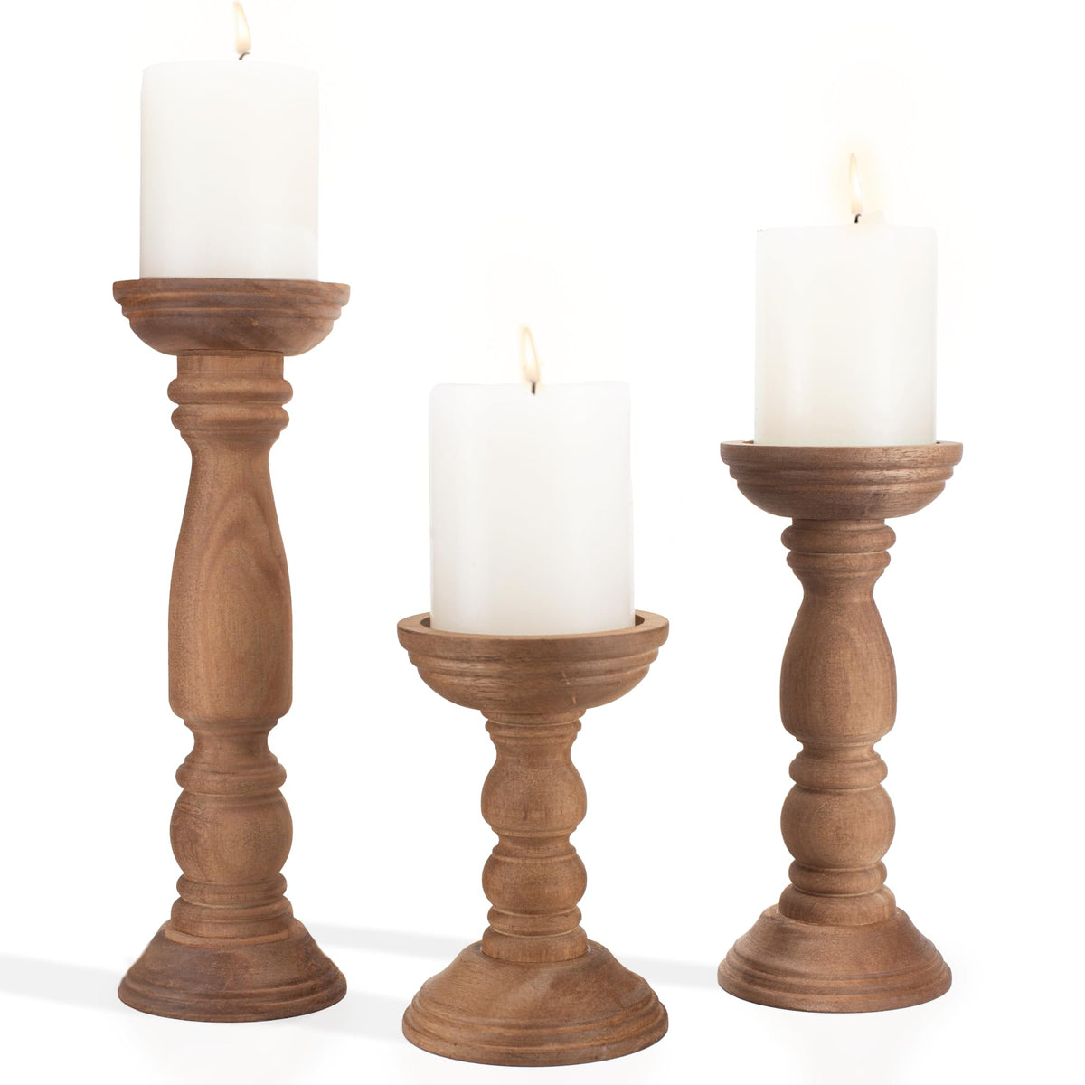 BANOMII farmhouse wooden candle holders in 12-inch size elevate a table centerpiece.