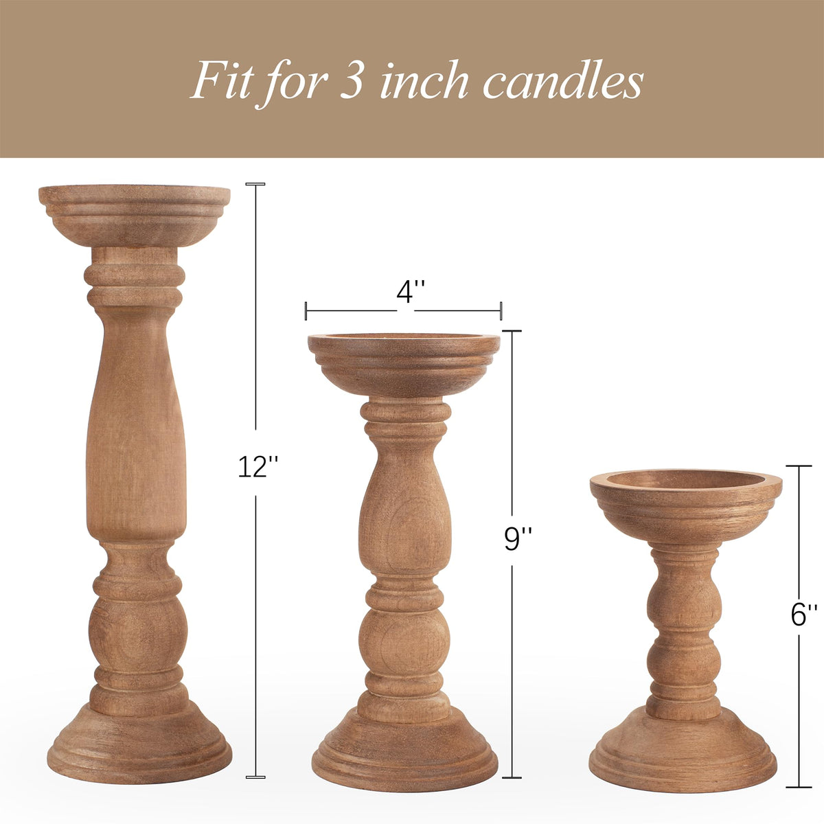 BANOMII farmhouse wooden candle holders in 6-inch size add compact elegance to shelves.
