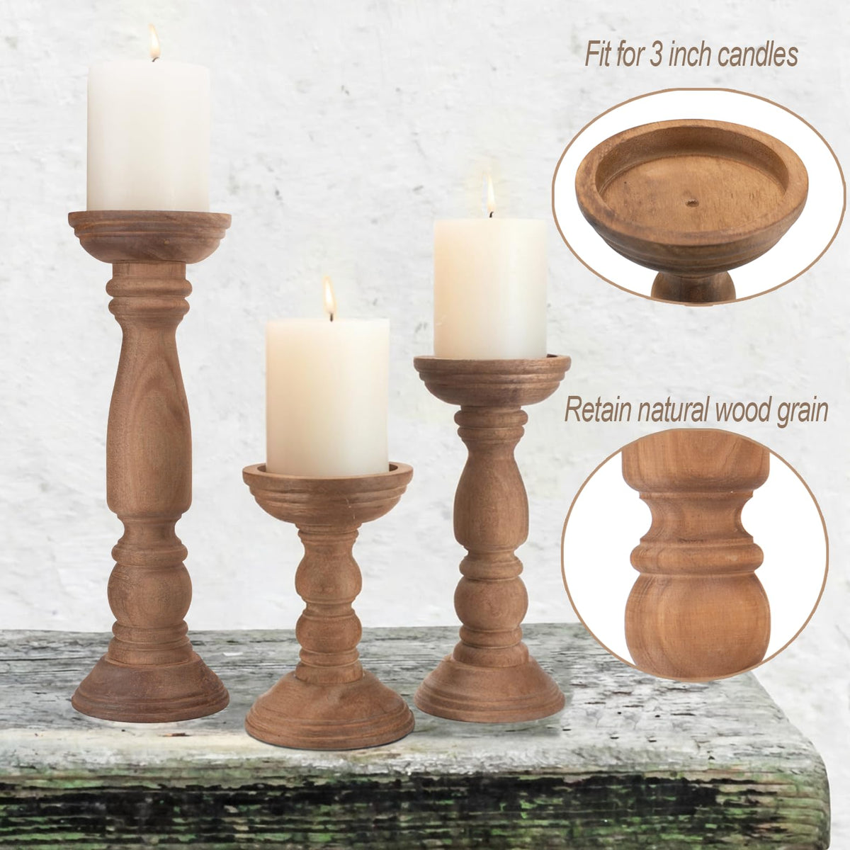 BANOMII farmhouse wooden candle holders in 9-inch size create layered height for tabletops.
