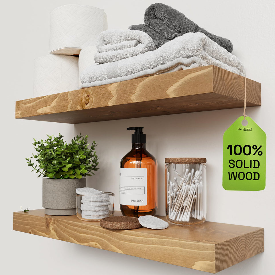 Baobab Workshop oak floating shelf 20in set of 2 adds stylish wall storage and display space.
