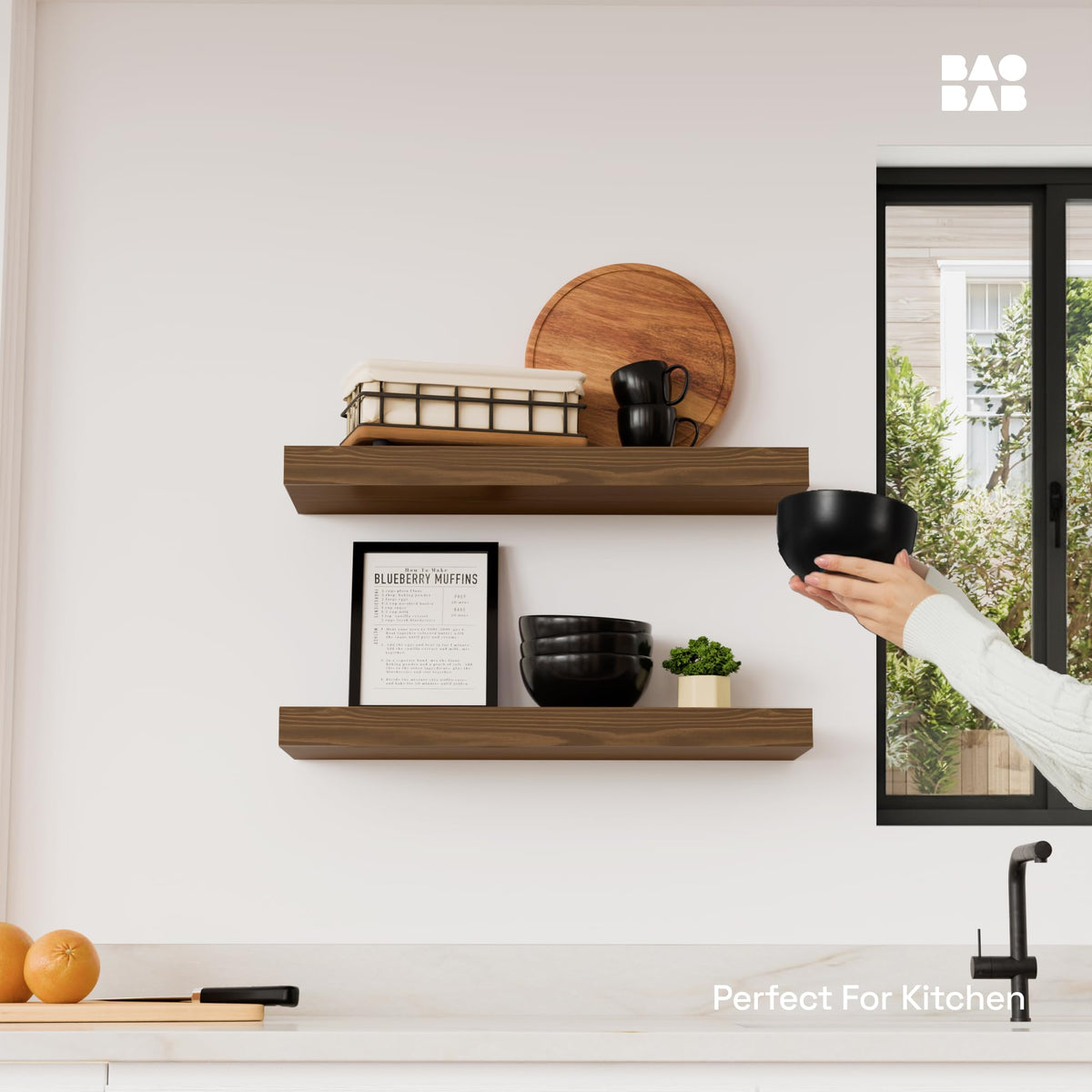 Baobab Workshop solid pine shelves showcase natural grain for a rustic look.