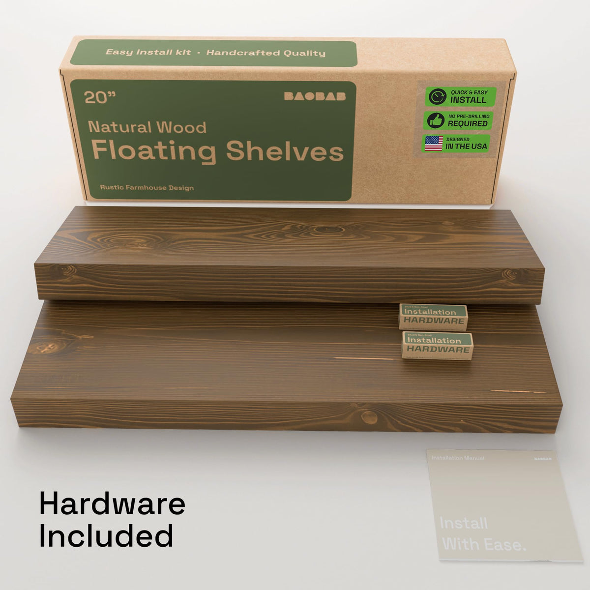 Baobab Workshop two-pack shelves provide versatile wall storage options.