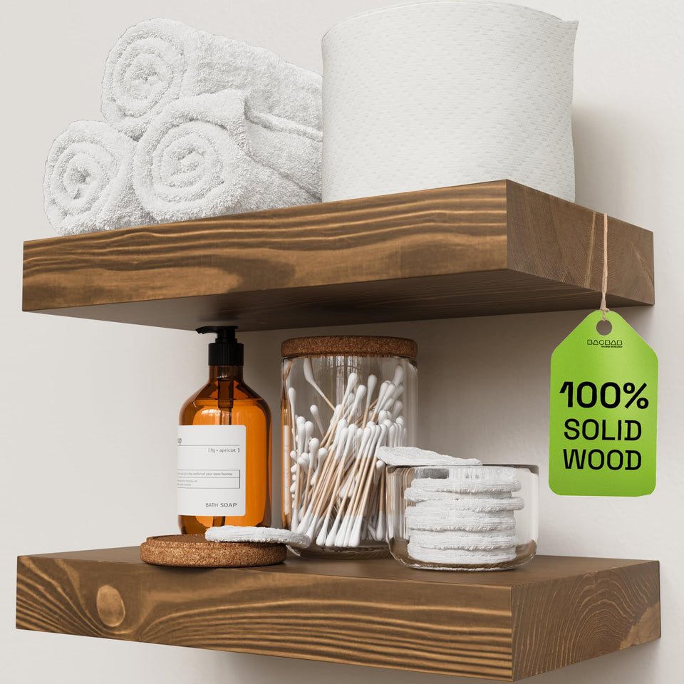 Baobab Workshop walnut floating shelf front view highlights warm grain for farmhouse style.