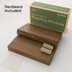 Baobab Workshop walnut floating shelf hidden brackets ensure secure mounting.