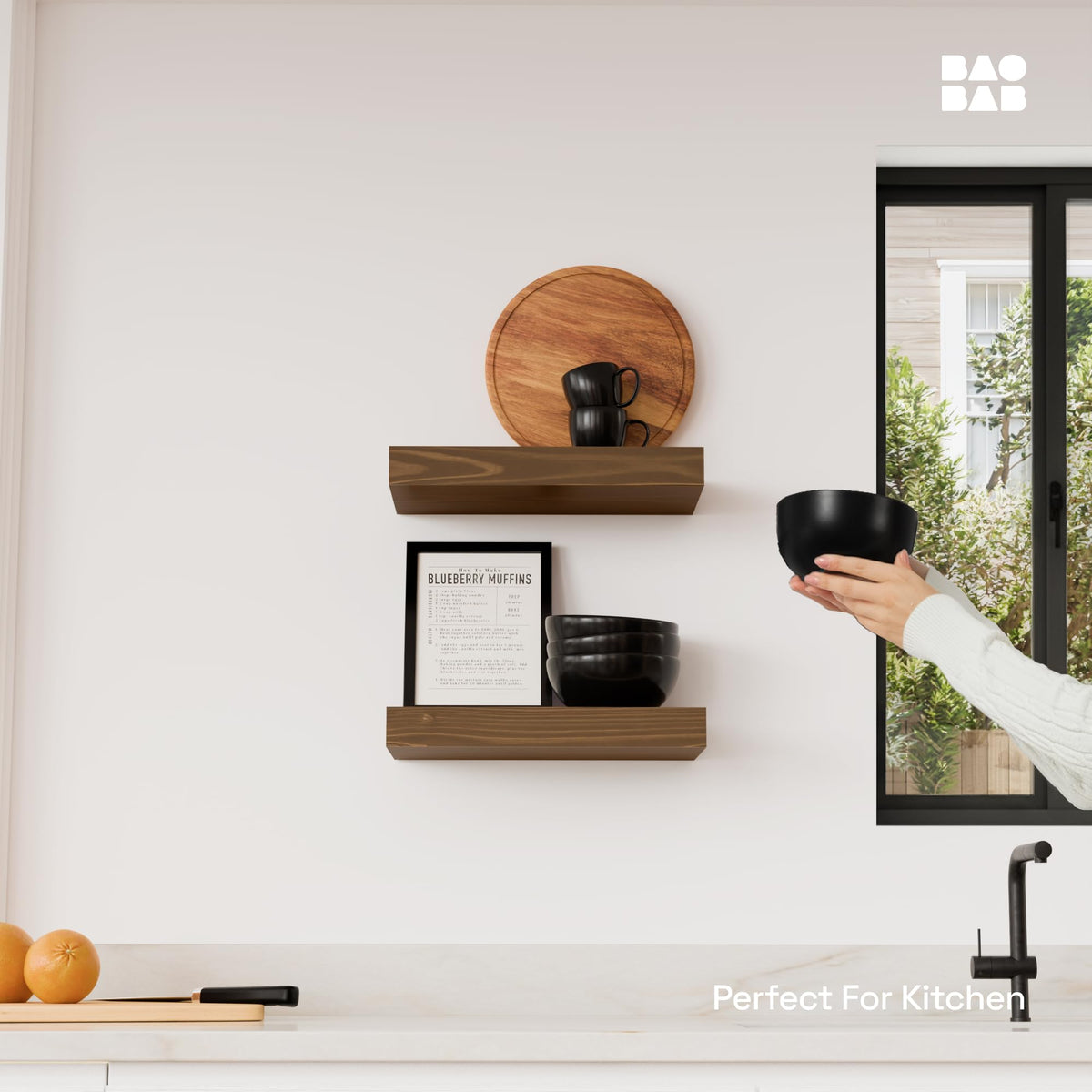 Baobab Workshop walnut floating shelf side view demonstrates space-saving profile.