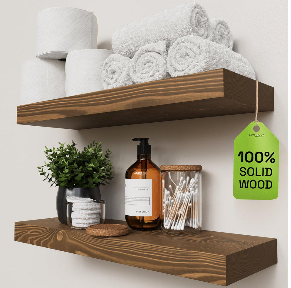 Baobab Workshop walnut floating shelves in a two-pack provide extra wall storage.