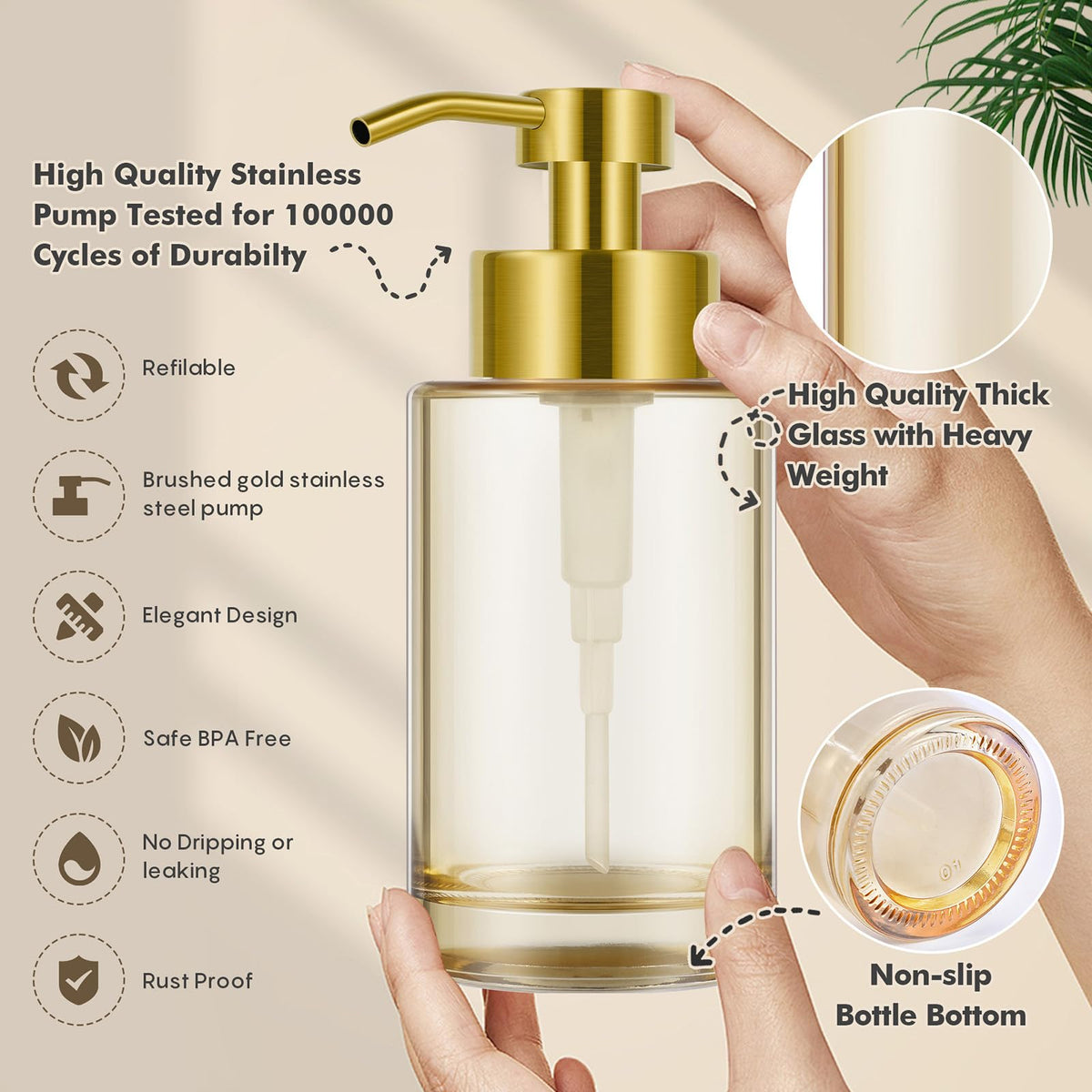 BaoDanRen gold glass dispenser complements bathroom, kitchen, and office decor.