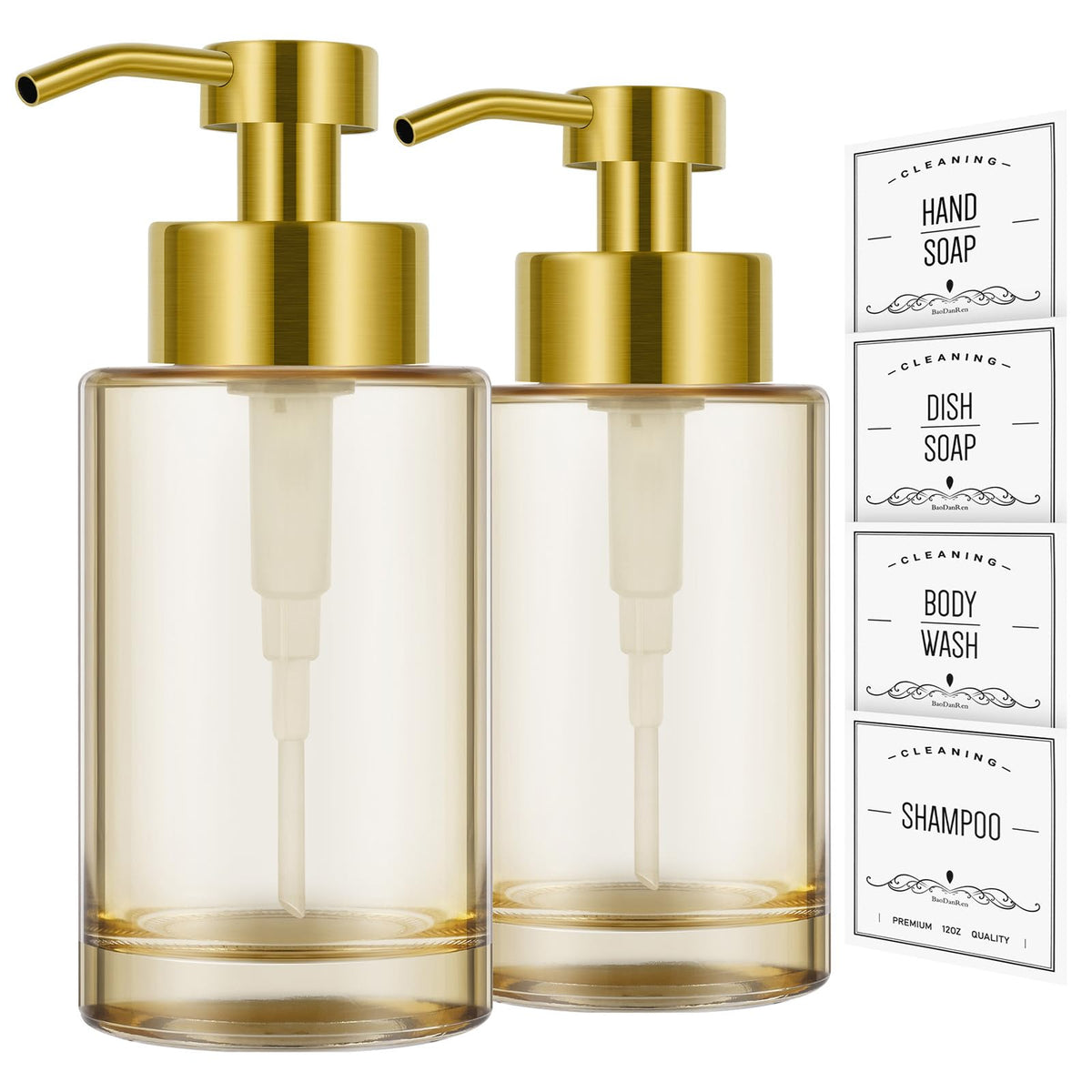 BaoDanRen glass soap dispenser with gold pump for stylish bathrooms and easy refills.