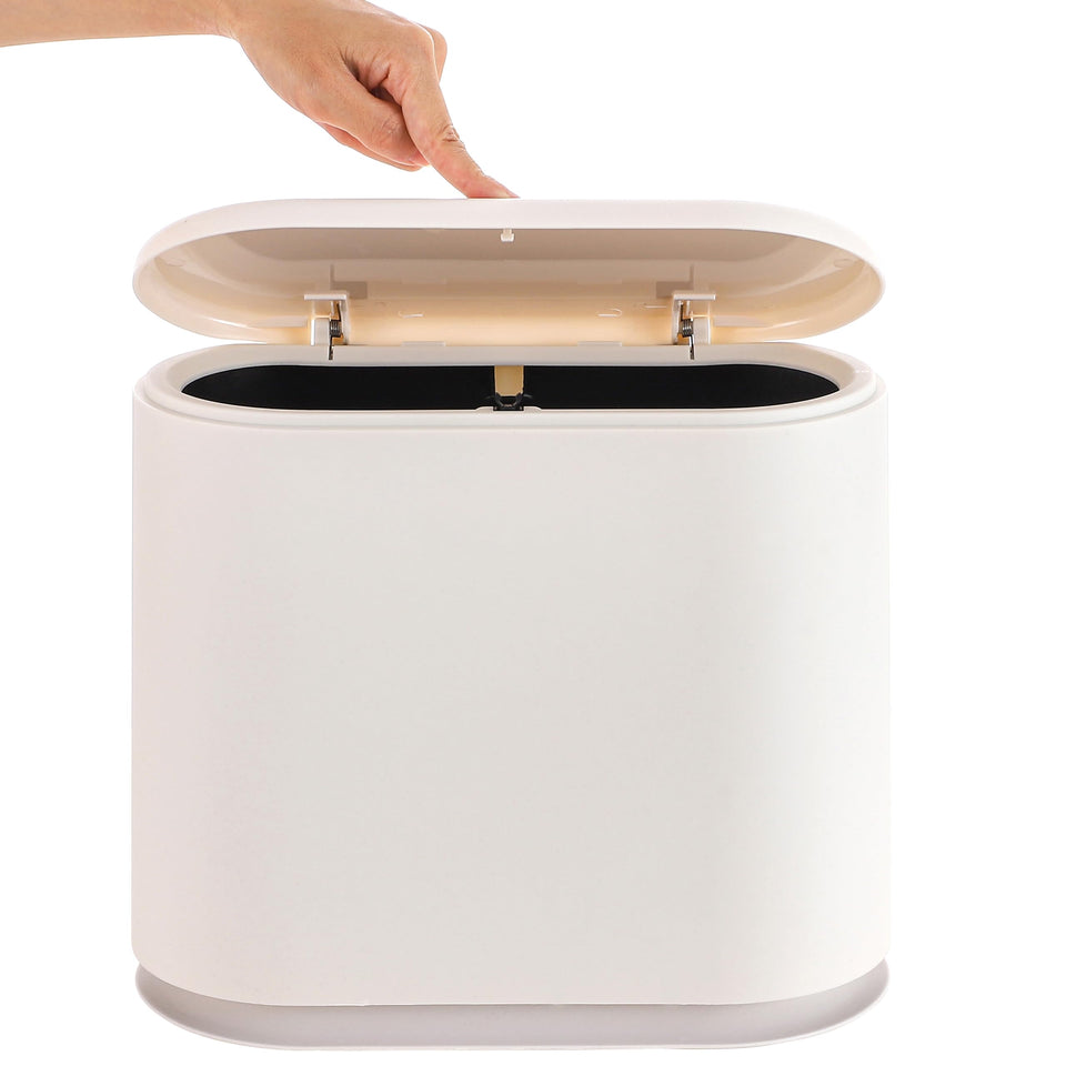 Baosia press-lid trash can demonstrates easy opening and odor control in a compact space.