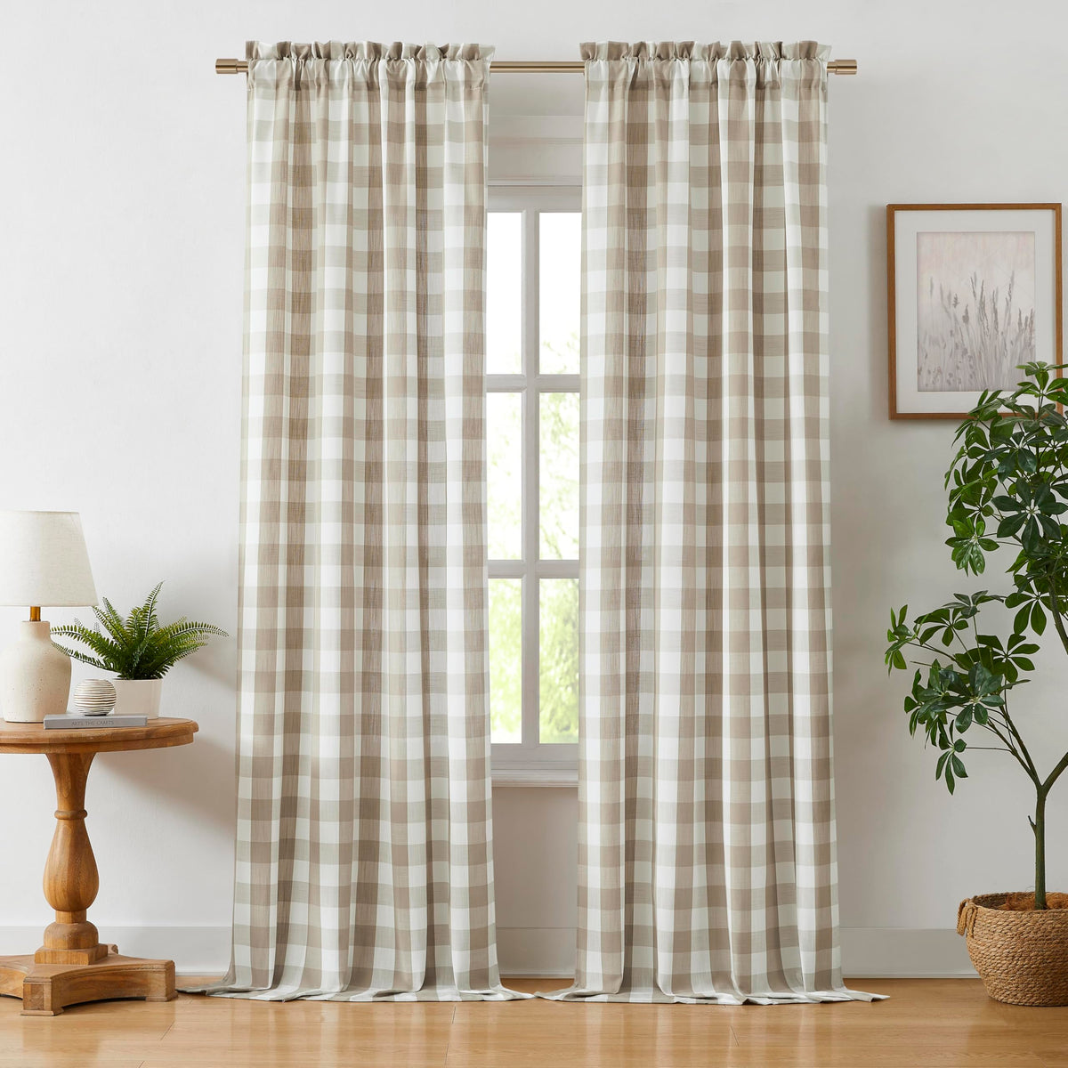 Bapawfish beige buffalo plaid curtain panel 40x84 for soft privacy and light diffusion