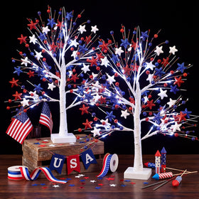 Baquler 2 pcs patriotic birch trees with LED lights for festive tabletop display
