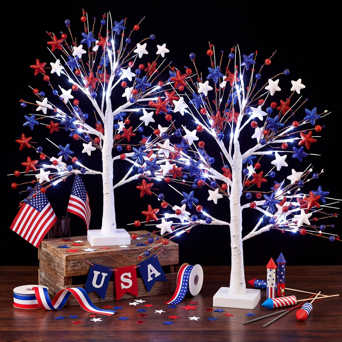 Baquler 2 pcs patriotic birch trees with LED lights for festive tabletop display
