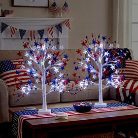 Baquler pink LED ambient lighting on patriotic birch trees