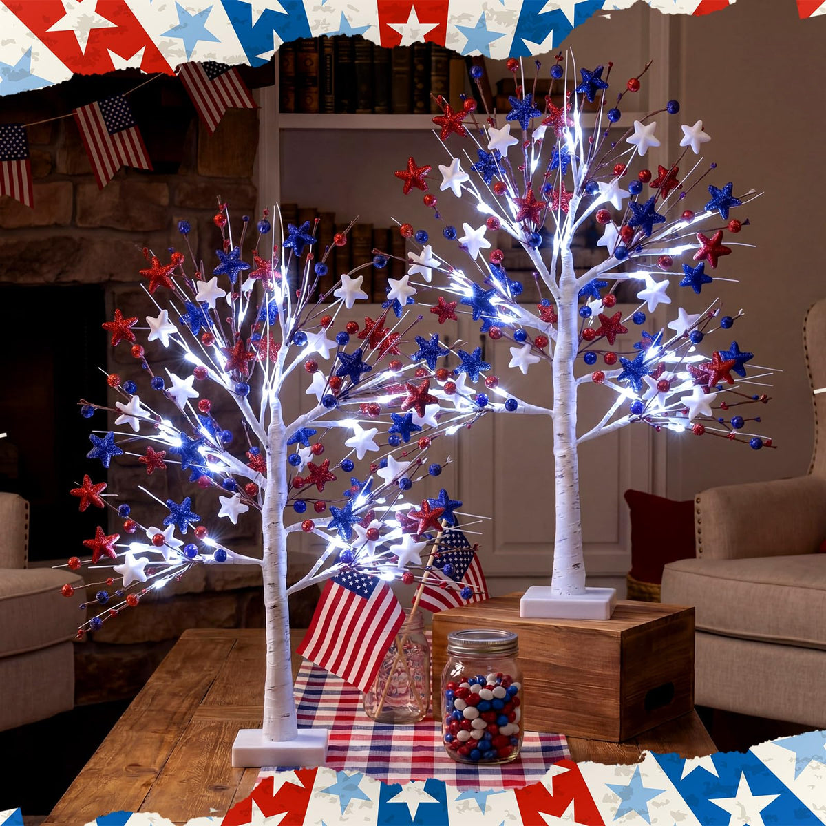 Baquler red white blue star accents illuminate the 4th of July setup