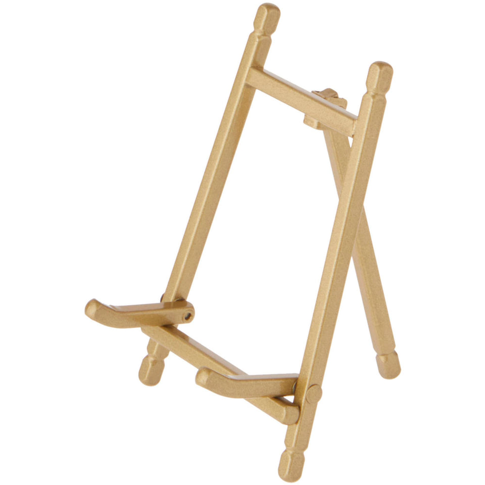 Bard's satin gold easel front display highlights compact items with elegant presentation.