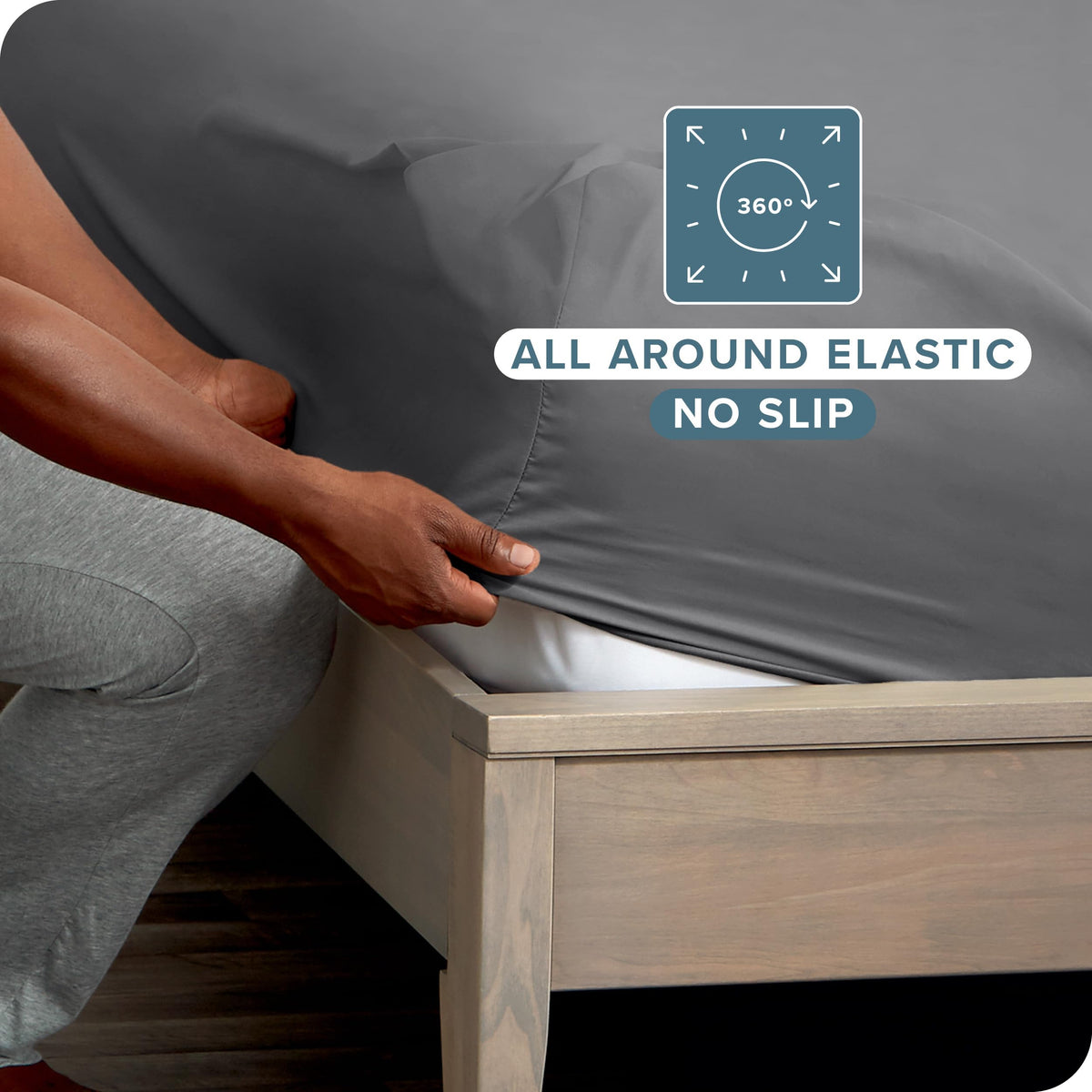 Bare Home queen grey sheet close-up shows wrinkle-resistant finish