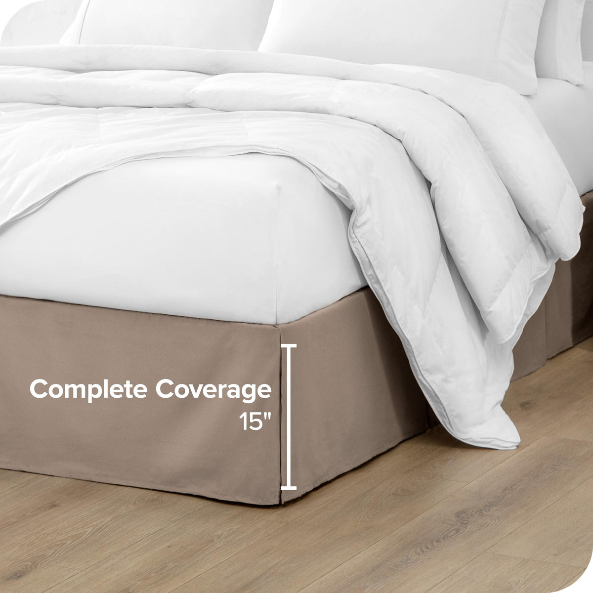 Bare Home bed skirt with corner pleats hides under-bed storage.
