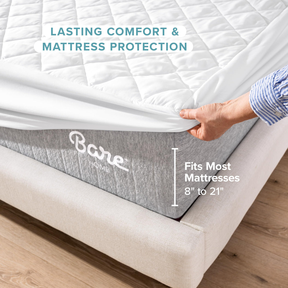 Bare Home breathable microfiber top helps regulate temperature for comfort.