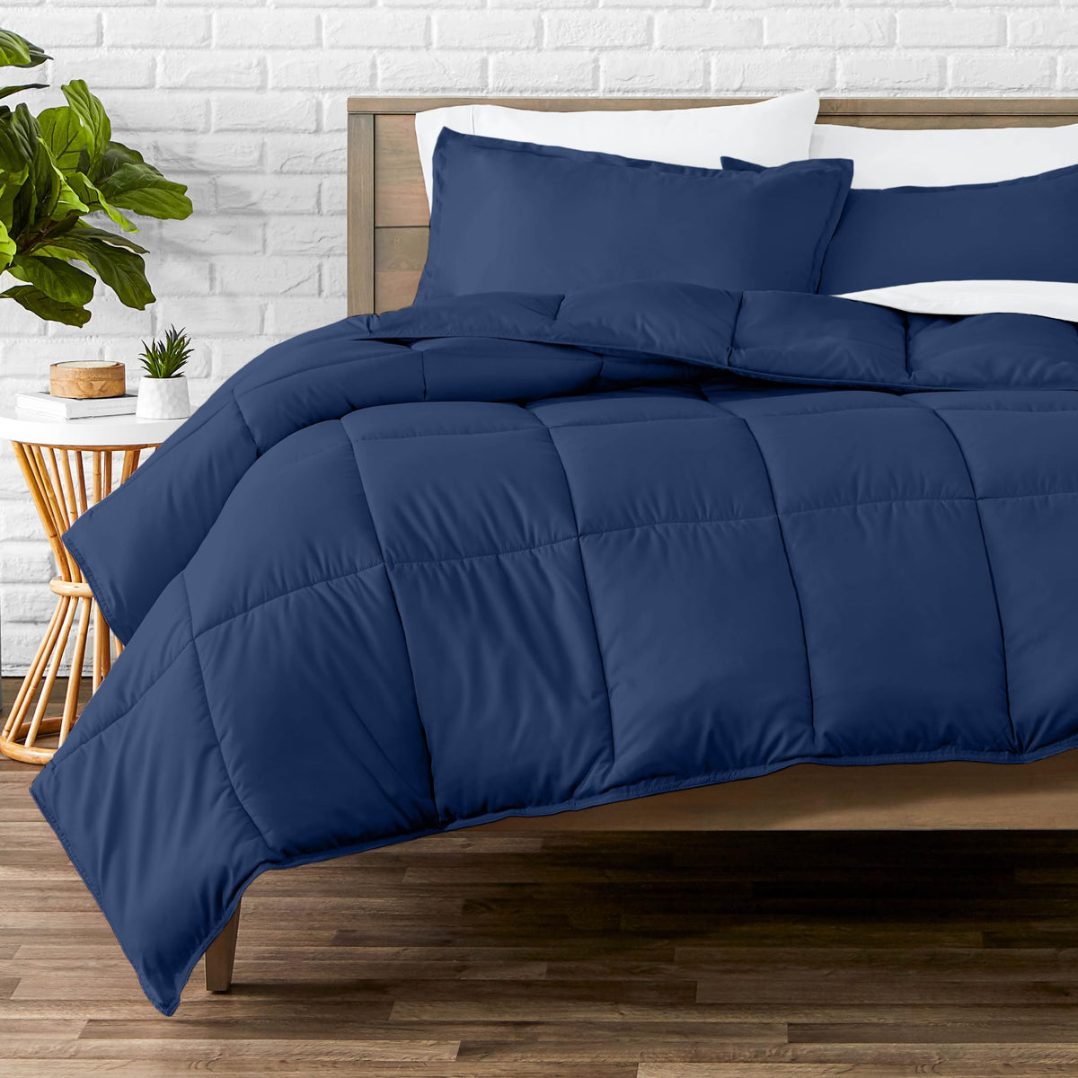 Bare Home queen dark blue comforter set shown in flat lay for cozy bedroom styling