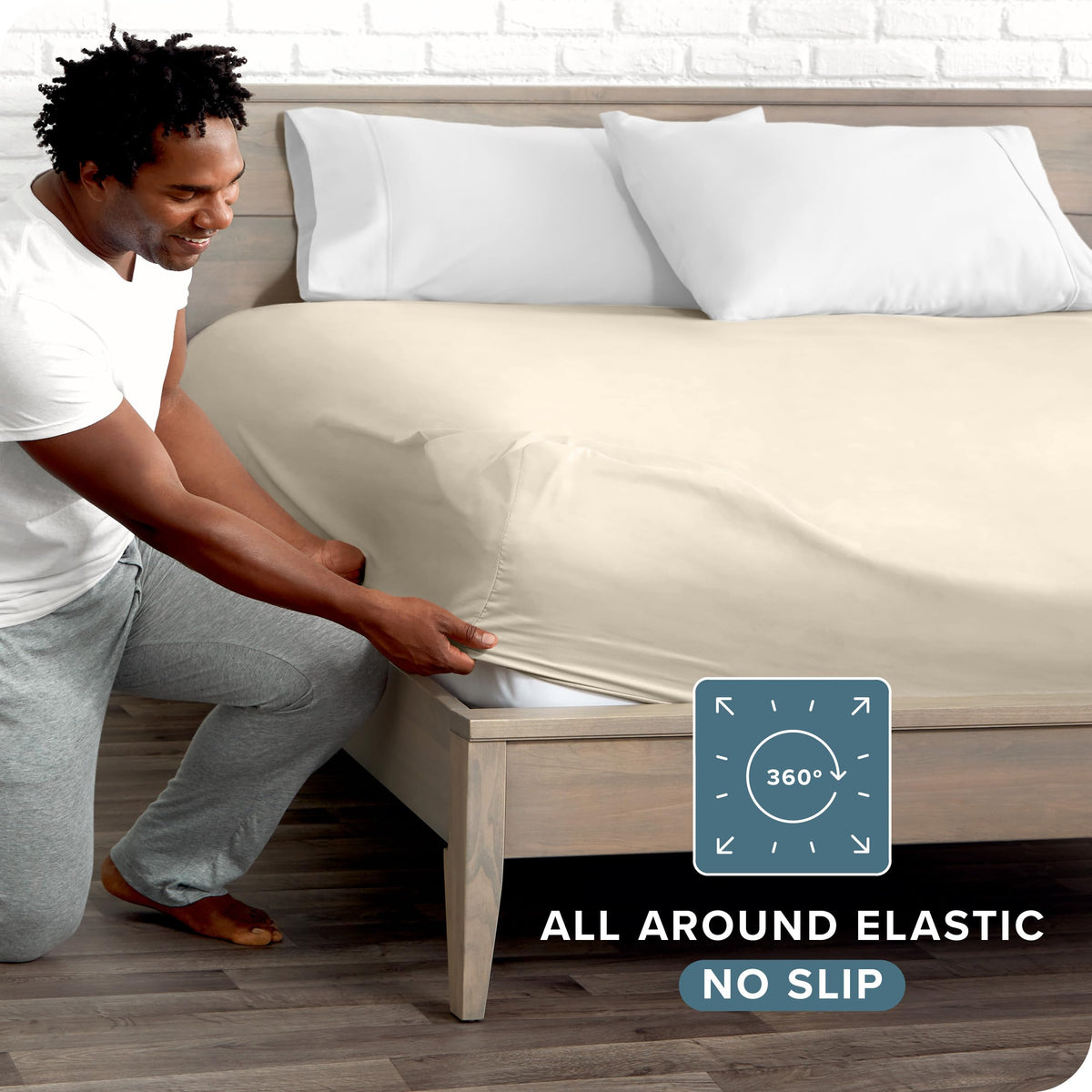Bare Home queen sheet showing elasticized edges for a secure fit.