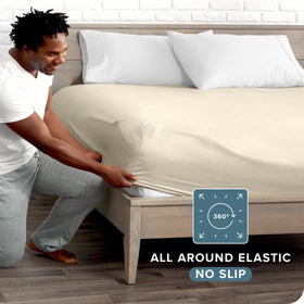 Bare Home queen sheet showing elasticized edges for a secure fit.