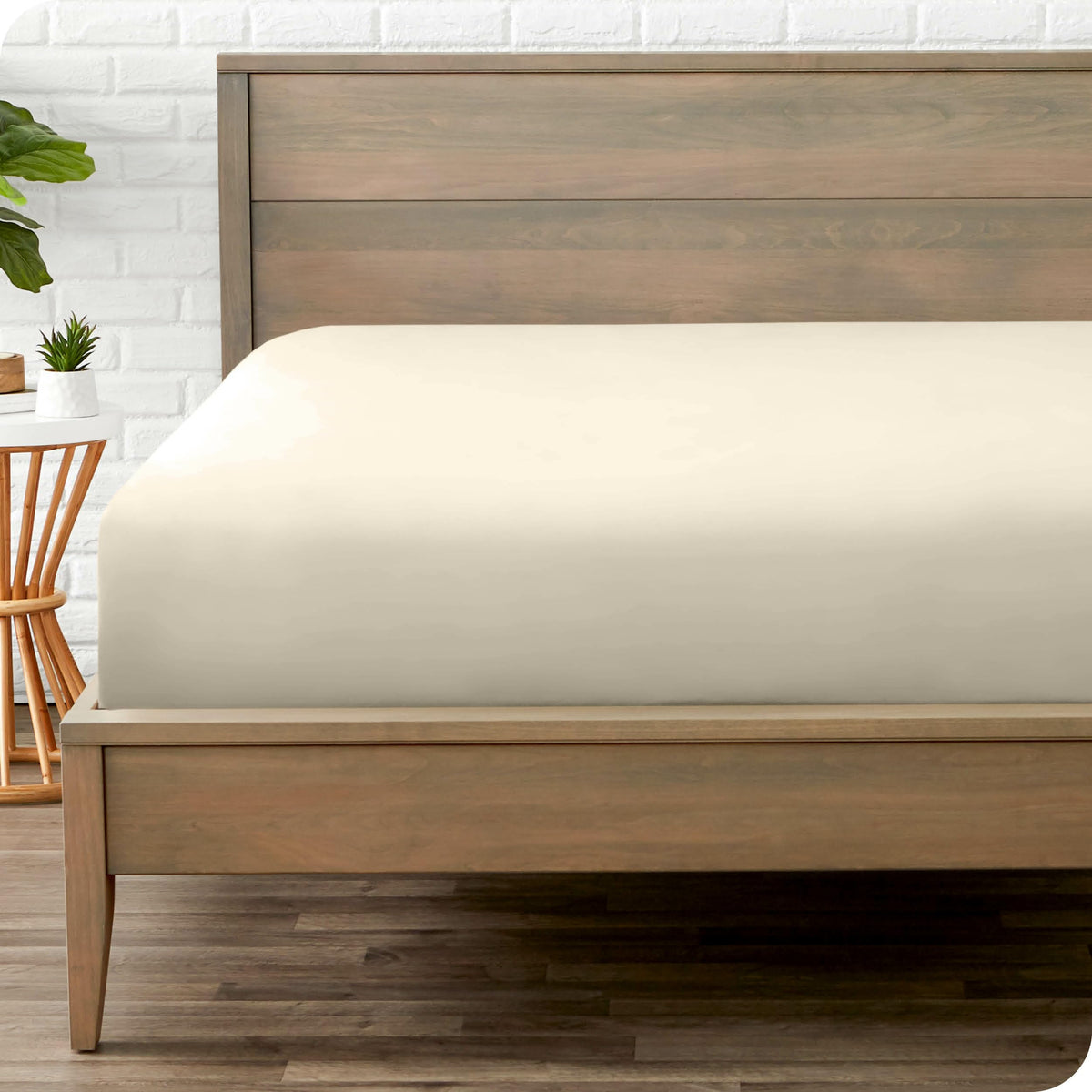 Bare Home queen fitted sheet in sand color fits a standard mattress snugly.
