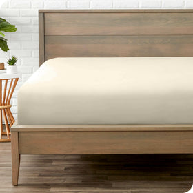 Bare Home queen fitted sheet in sand color fits a standard mattress snugly.