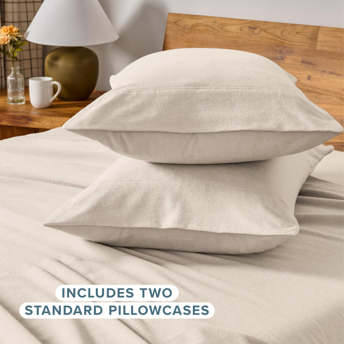 Bare Home flannel king pillowcase sand on bed, showcasing cozy warmth for chilly nights