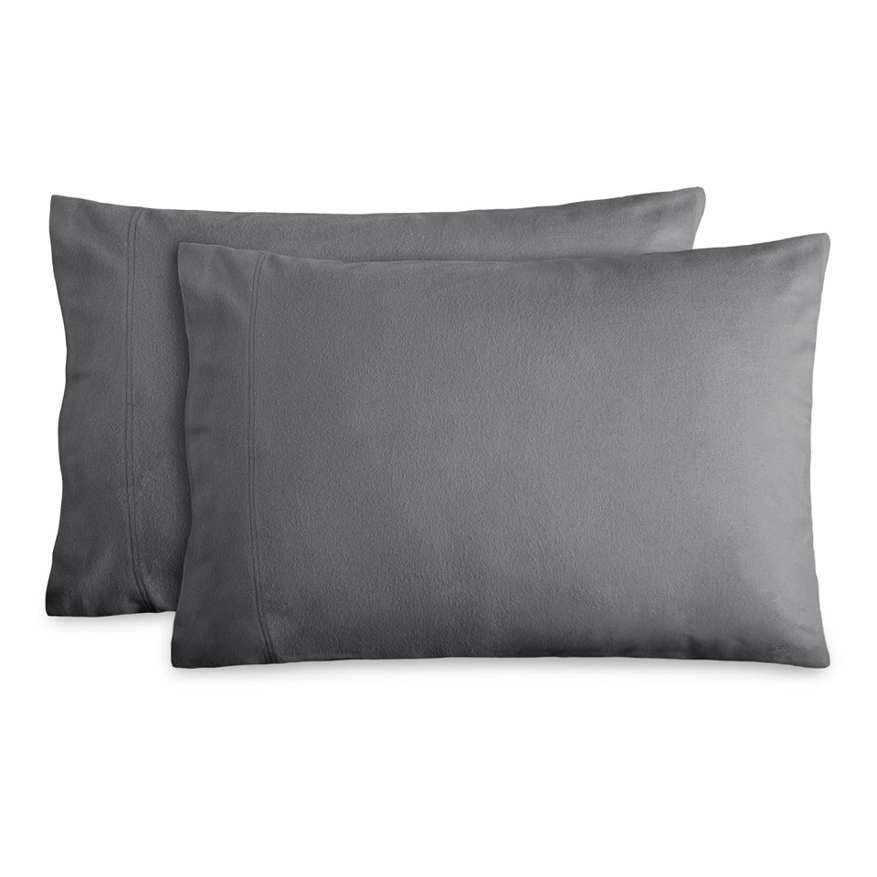 Bare Home flannel pillowcase front view in grey, showing soft velvet-like finish for chilly nights.