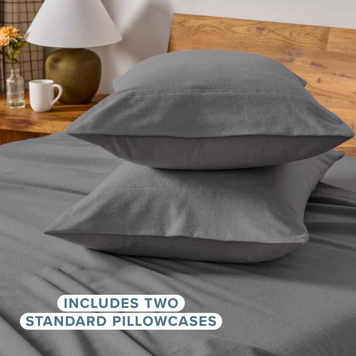 Bare Home flannel pillowcase on bed in a cozy winter setup.